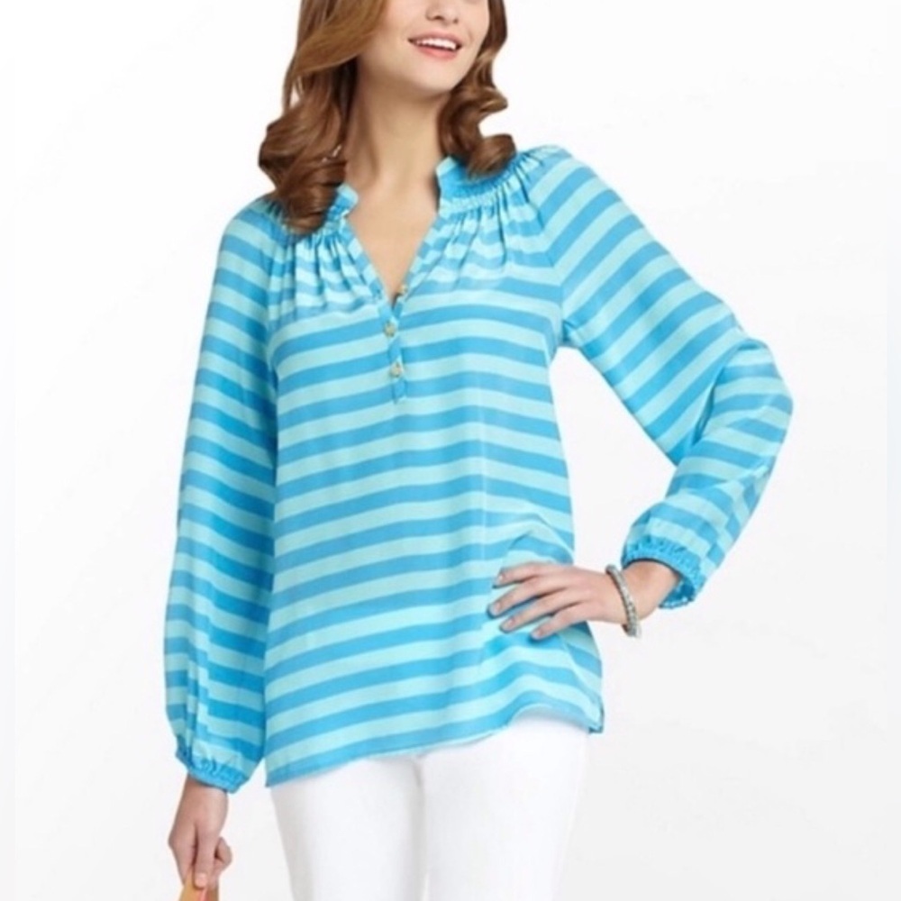 Lilly Pulitzer Starboard Strip Silk Elsa Top in Lagoon Green Size Small